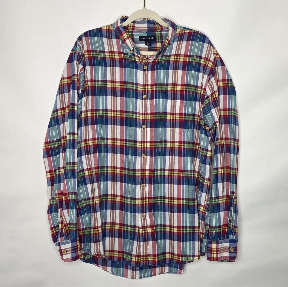 Lands' End Traditional Fit Plaid Shirt Men's Size L Cotton Long Sleeve Button-up